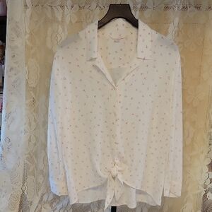 LC Lauren Conrad White Button-Down Shirt with Pink Pattern